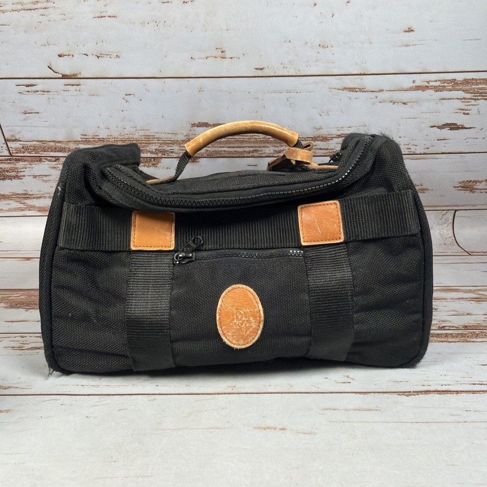 Vintage Christian Dior Black Canvas Travel Vanity Case Duffel Bag Leather Trim